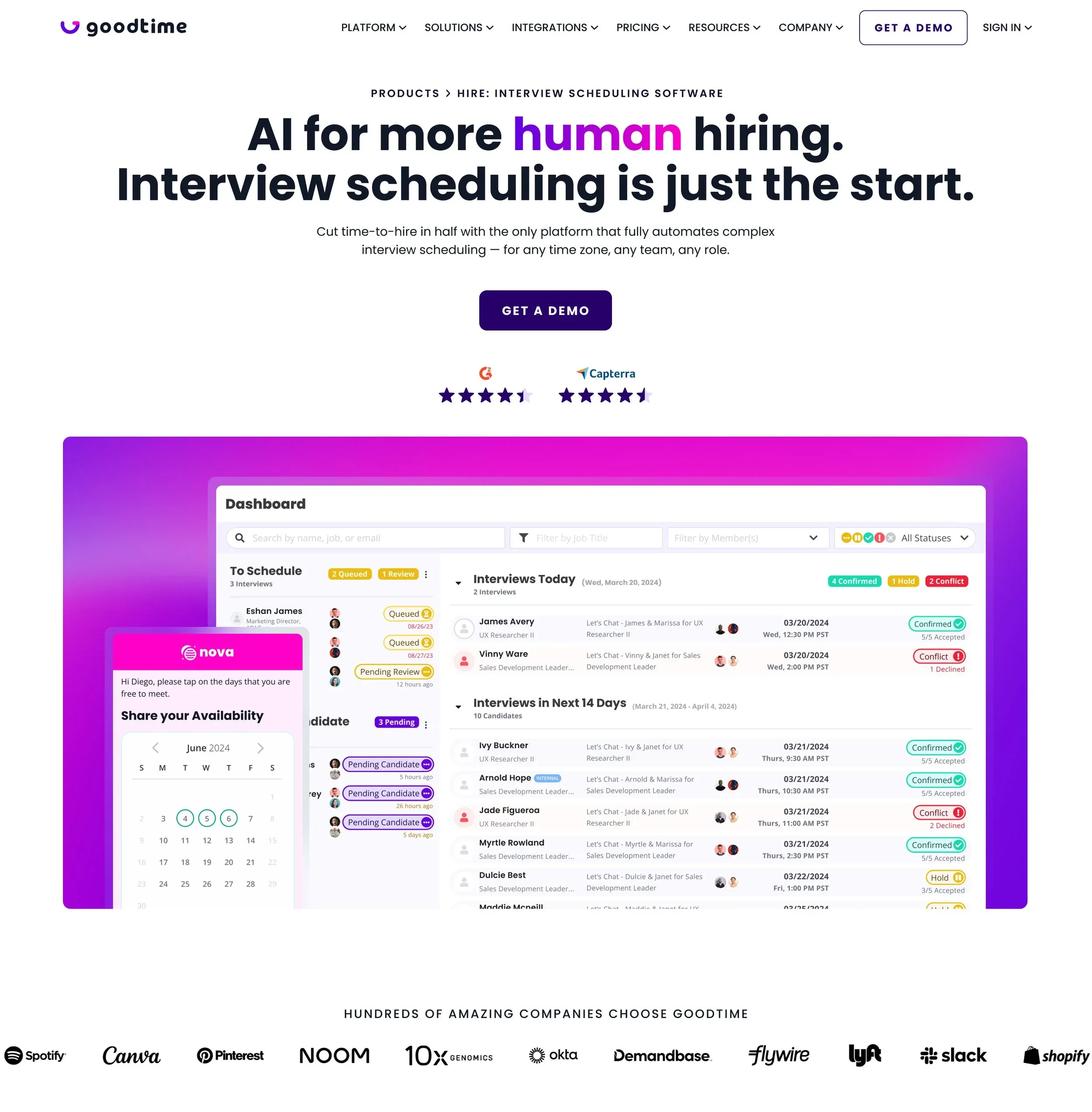 GoodTime Hire page: “AI for more human hiring. Interview scheduling is just the start.”