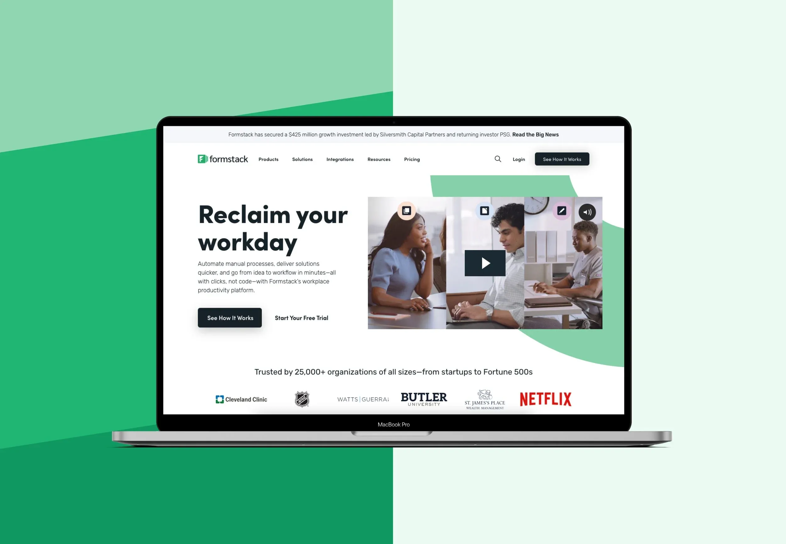 Refreshed Formstack homepage on a laptop: “Reclaim your workday”