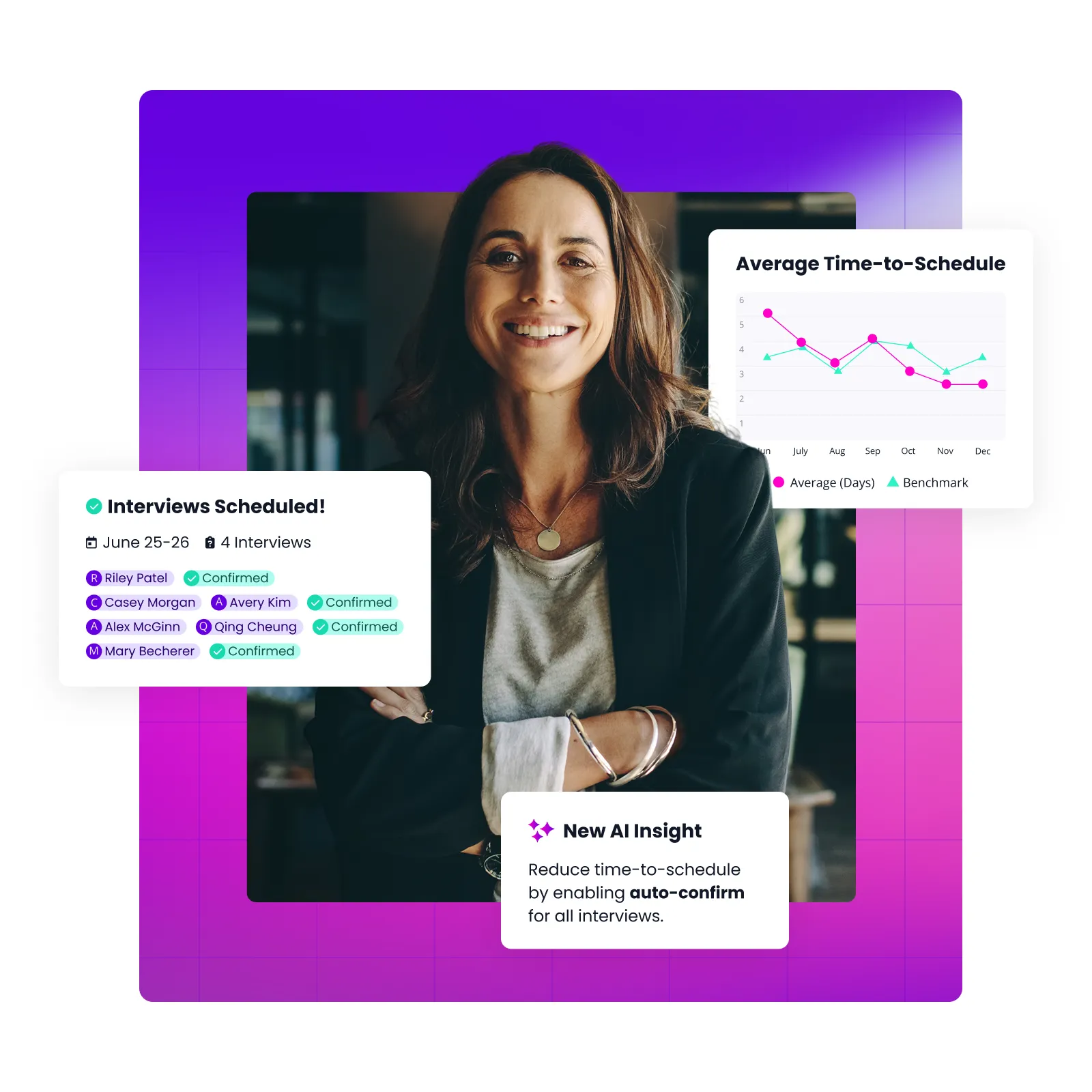 Final homepage hero image: a portrait with scheduling and AI insight cards