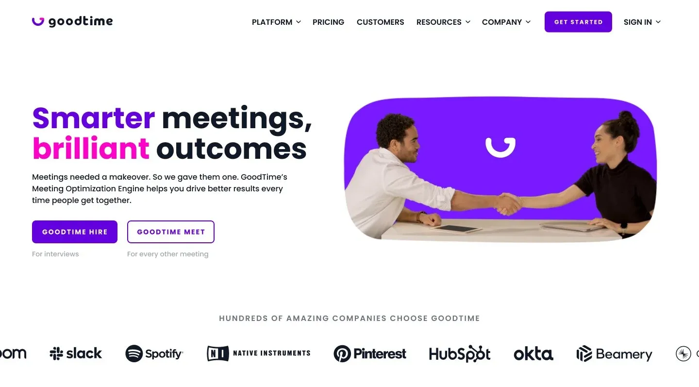 Previous GoodTime homepage: “Smarter meetings, brilliant outcomes” with a bright purple handshake photo