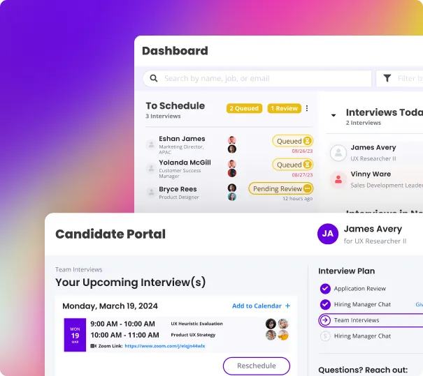 Product dashboard and candidate portal screens layered on a gradient