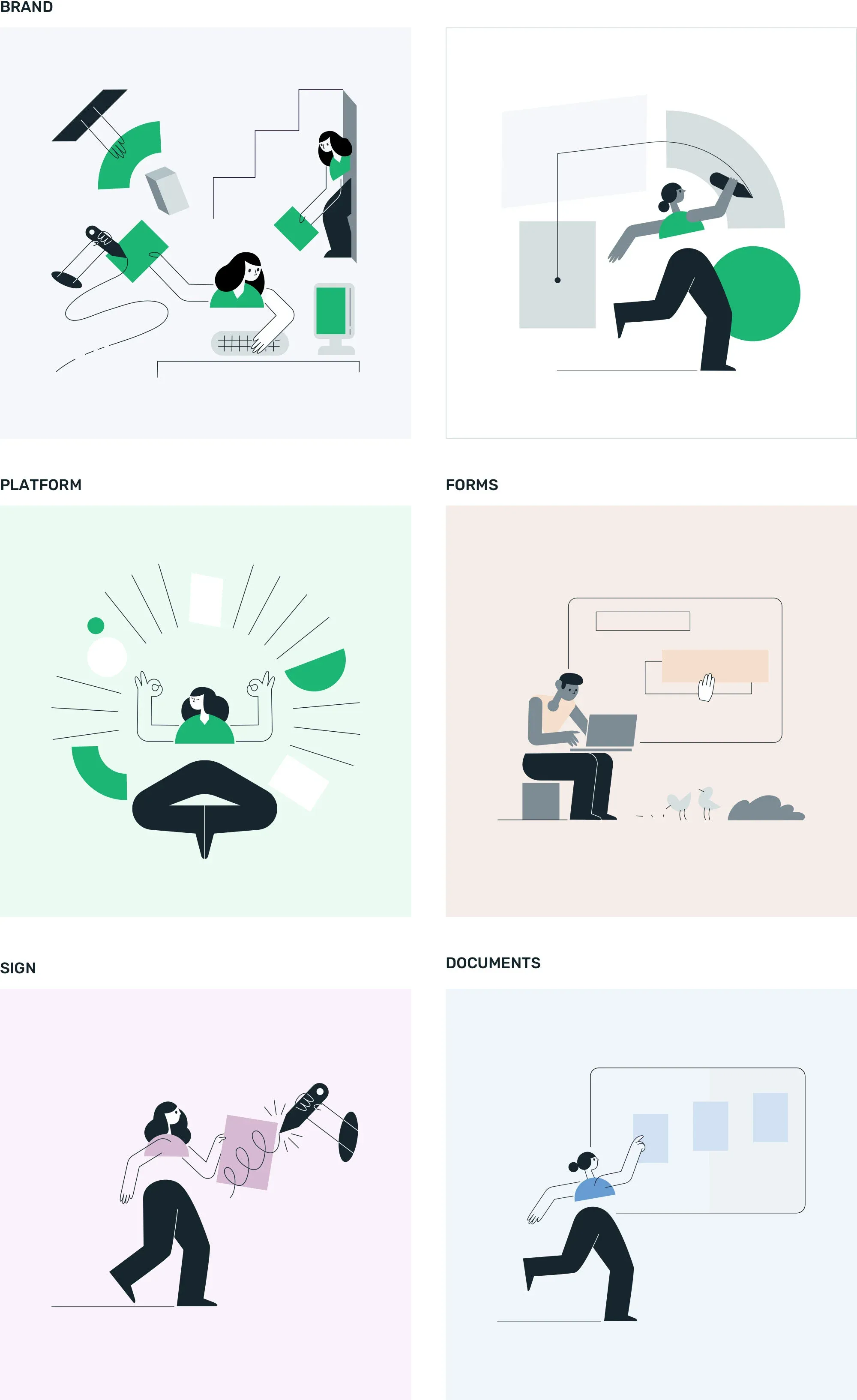 Formstack illustration style: people at work in brand, platform, and product scenes