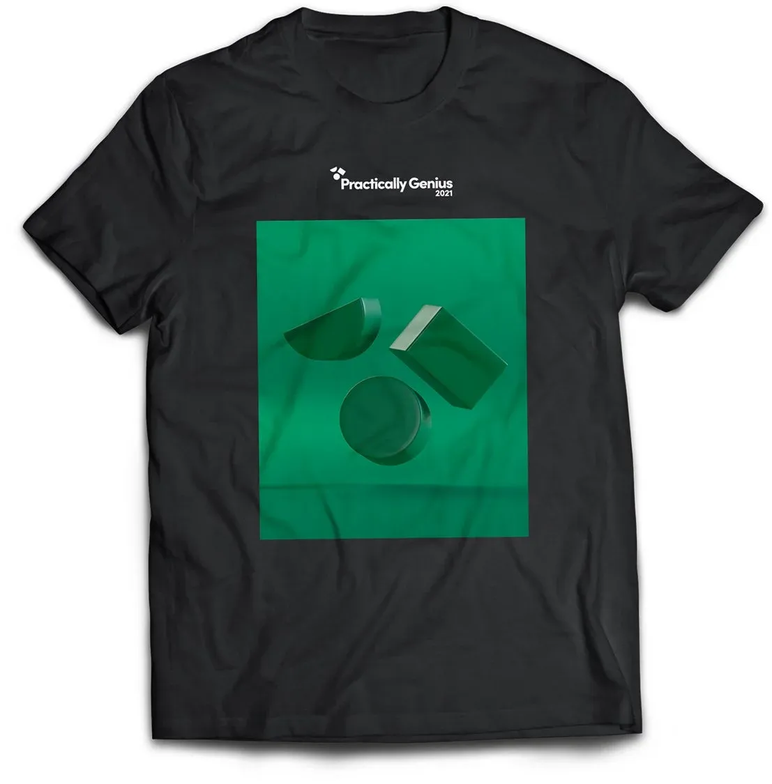 Black Practically Genius event T-shirt with a 3D shape graphic