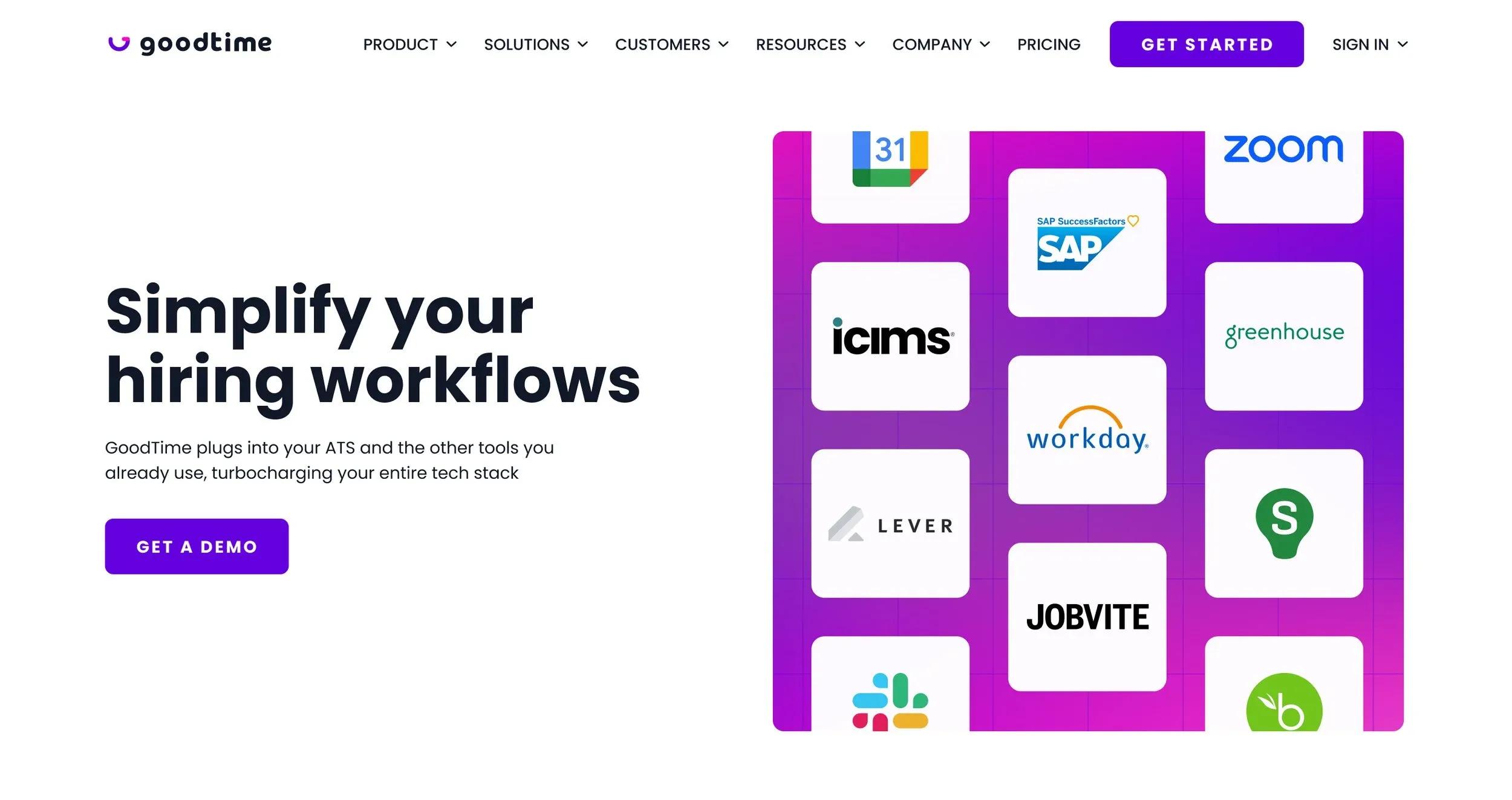 Integrations section: “Simplify your hiring workflows” with partner logos