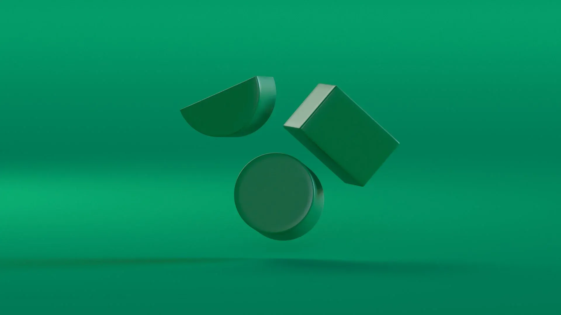 Cinema 4D render of the Practically Genius logo shapes floating over green