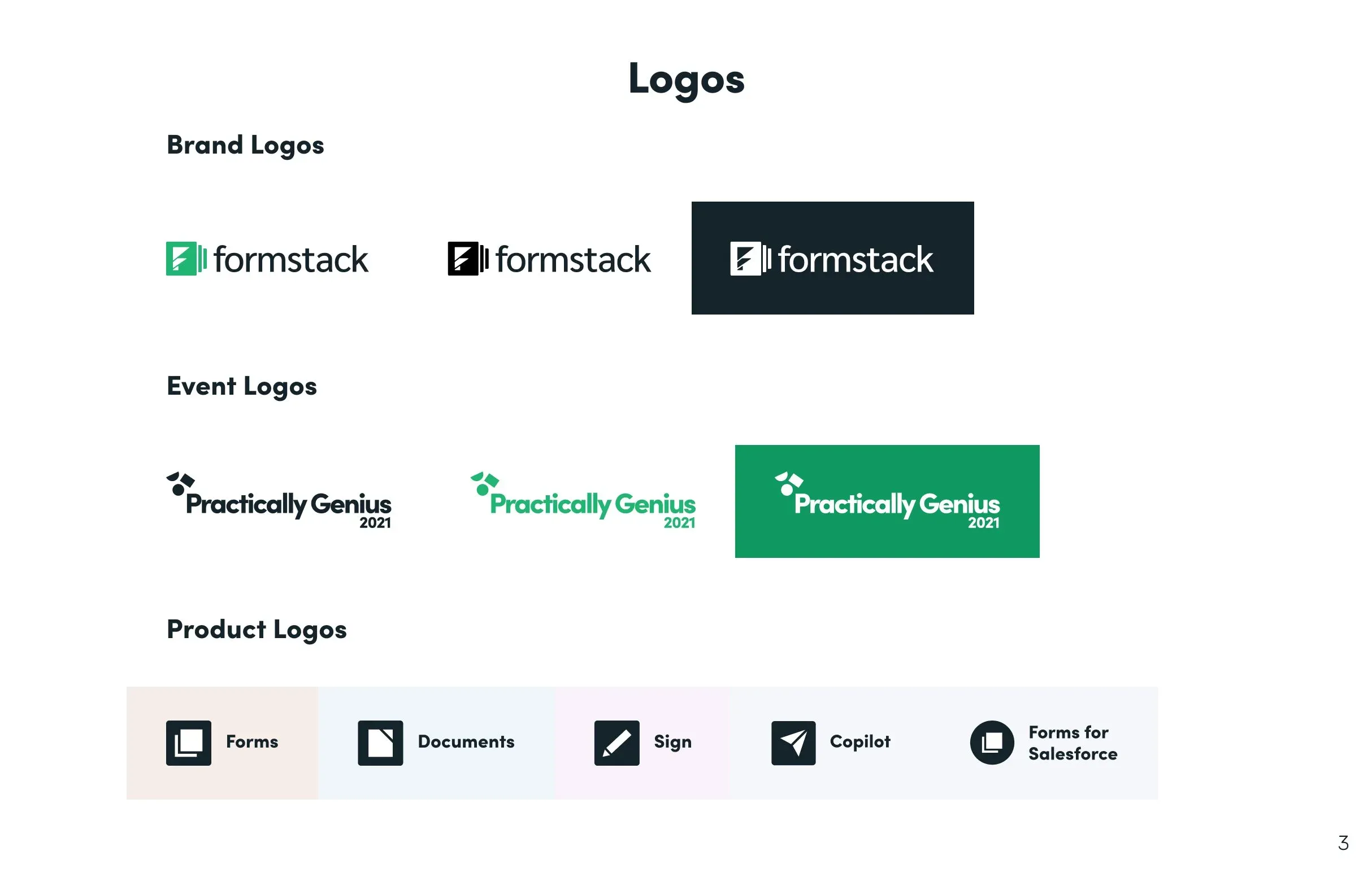Guidelines page: Formstack brand logos, event logos, and product logos