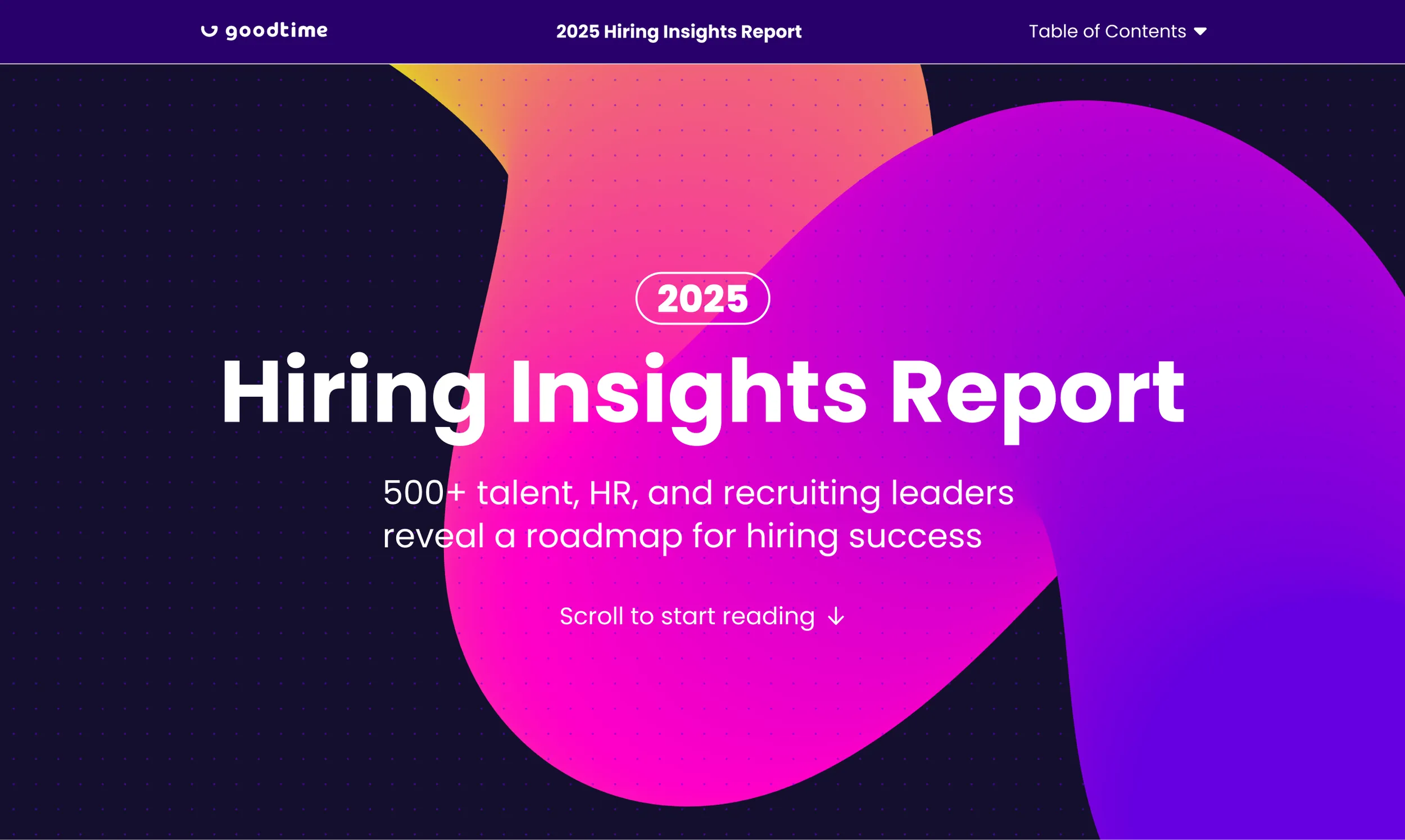 Hero direction: “2025 Hiring Insights Report” centered over a magenta spline on dark navy
