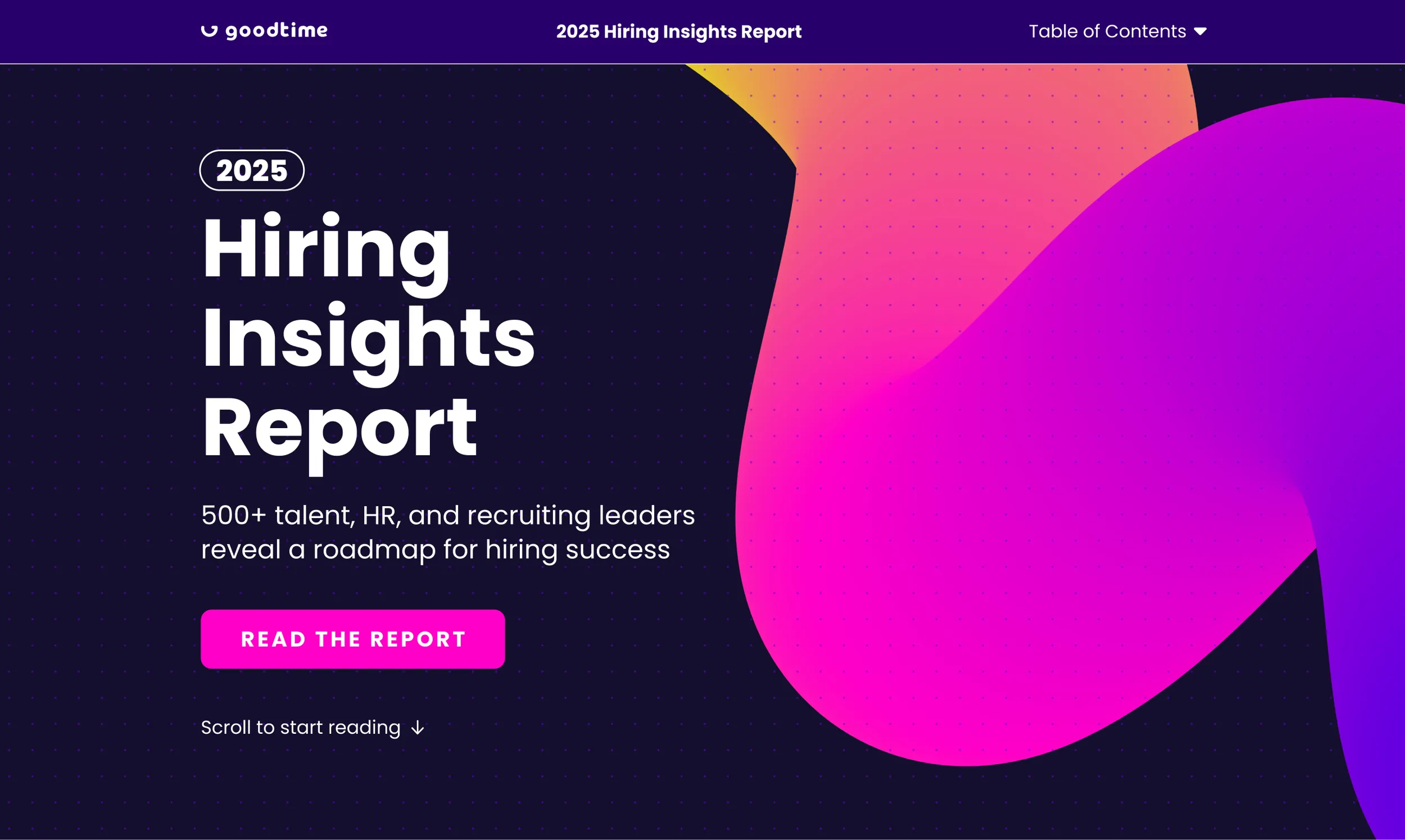 Hero direction on dark navy with a left-aligned title and a large gradient spline
