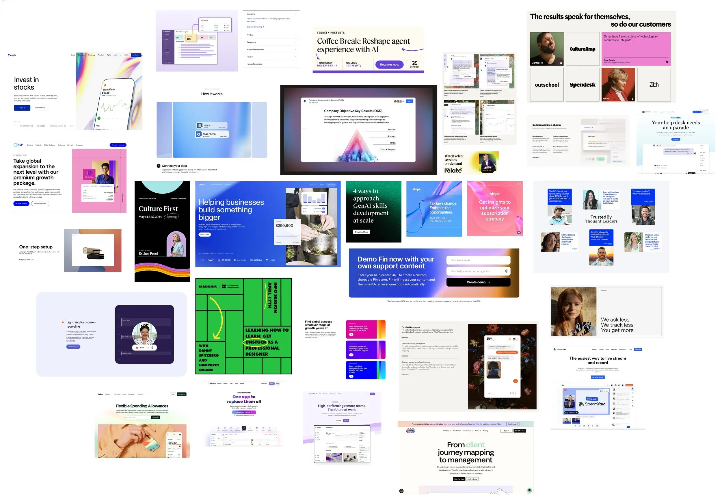 Mood board of enterprise software sites, ads, and product UI used as reference