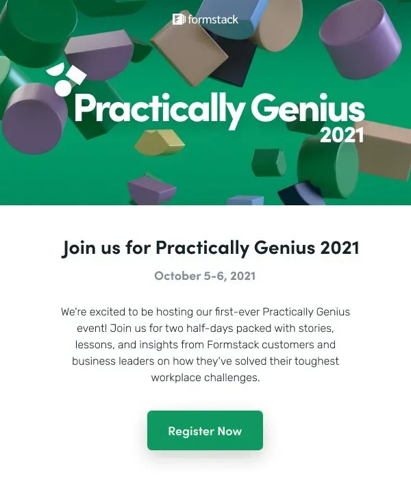 In-app announcement inviting customers to Practically Genius 2021