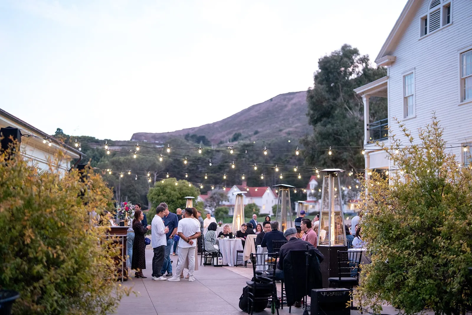 Evening at Cavallo Point under string lights