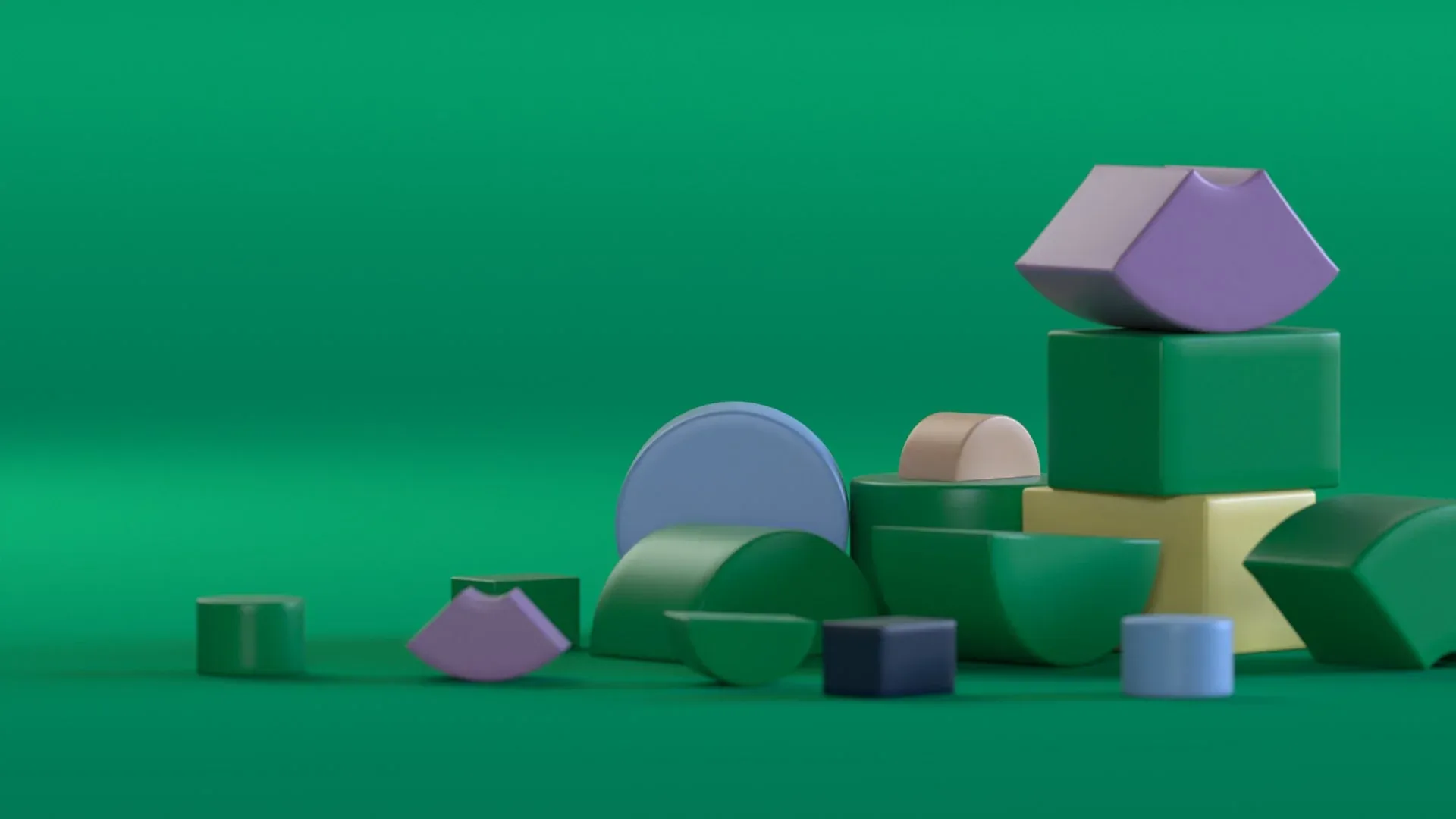 3D render: shapes stacked into a small sculpture on green