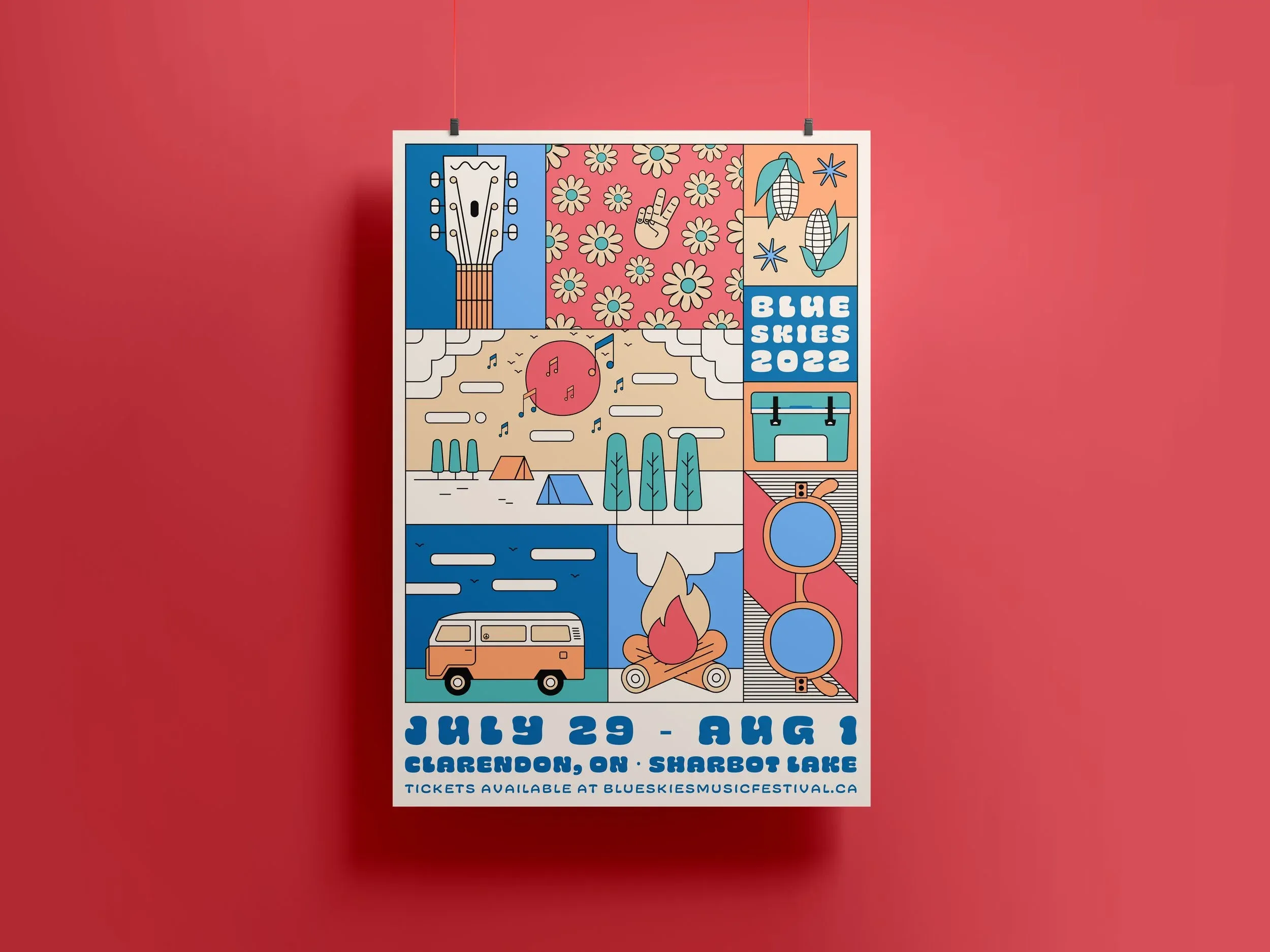 Blue Skies 2022 poster hanging on a red wall, July 29 to August 1, Clarendon, Ontario
