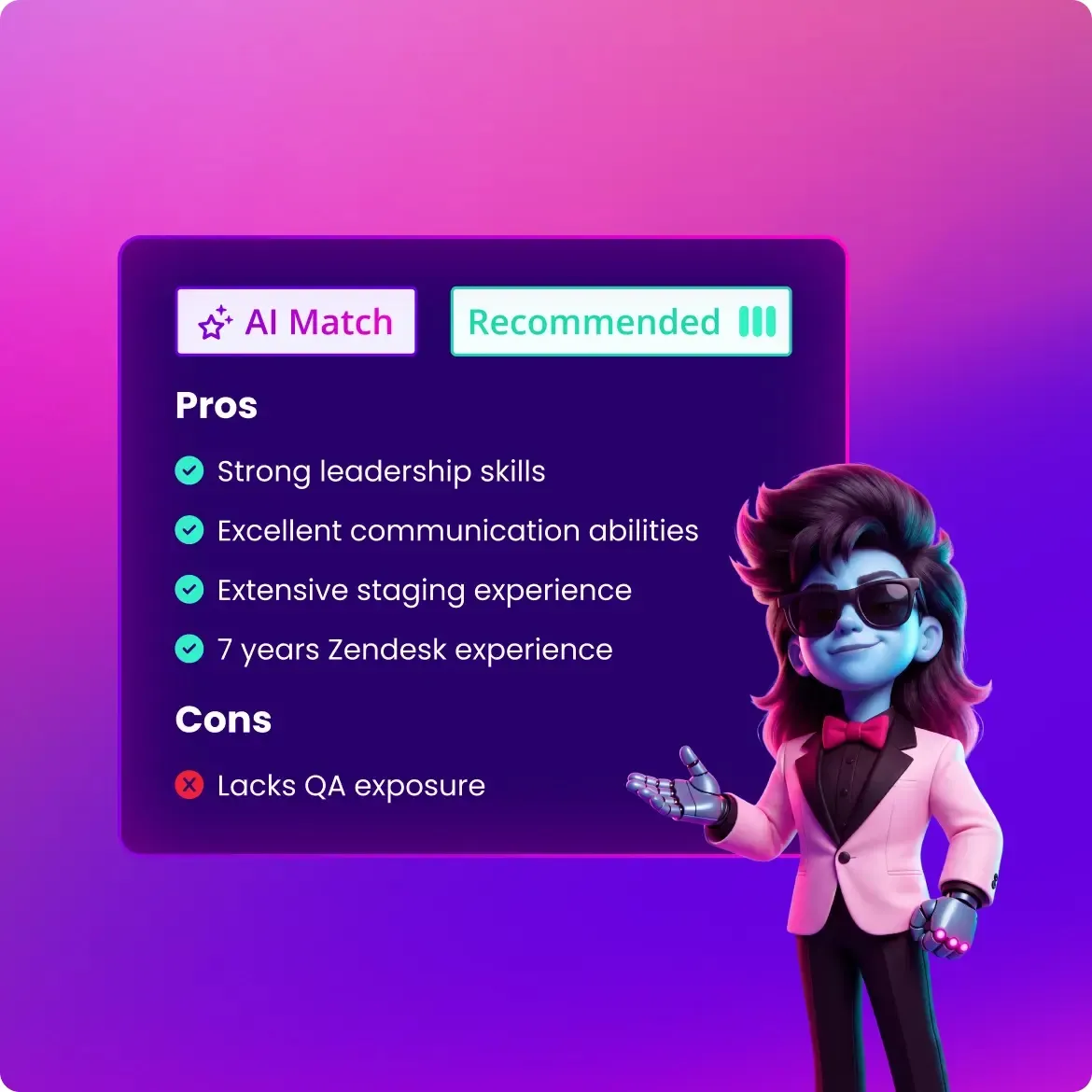 Cori presenting an AI Match recommendation with a candidate’s pros and cons