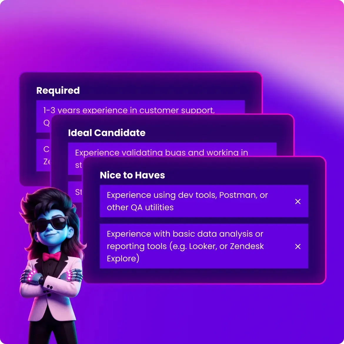 Cori beside a role’s required, ideal, and nice-to-have qualifications