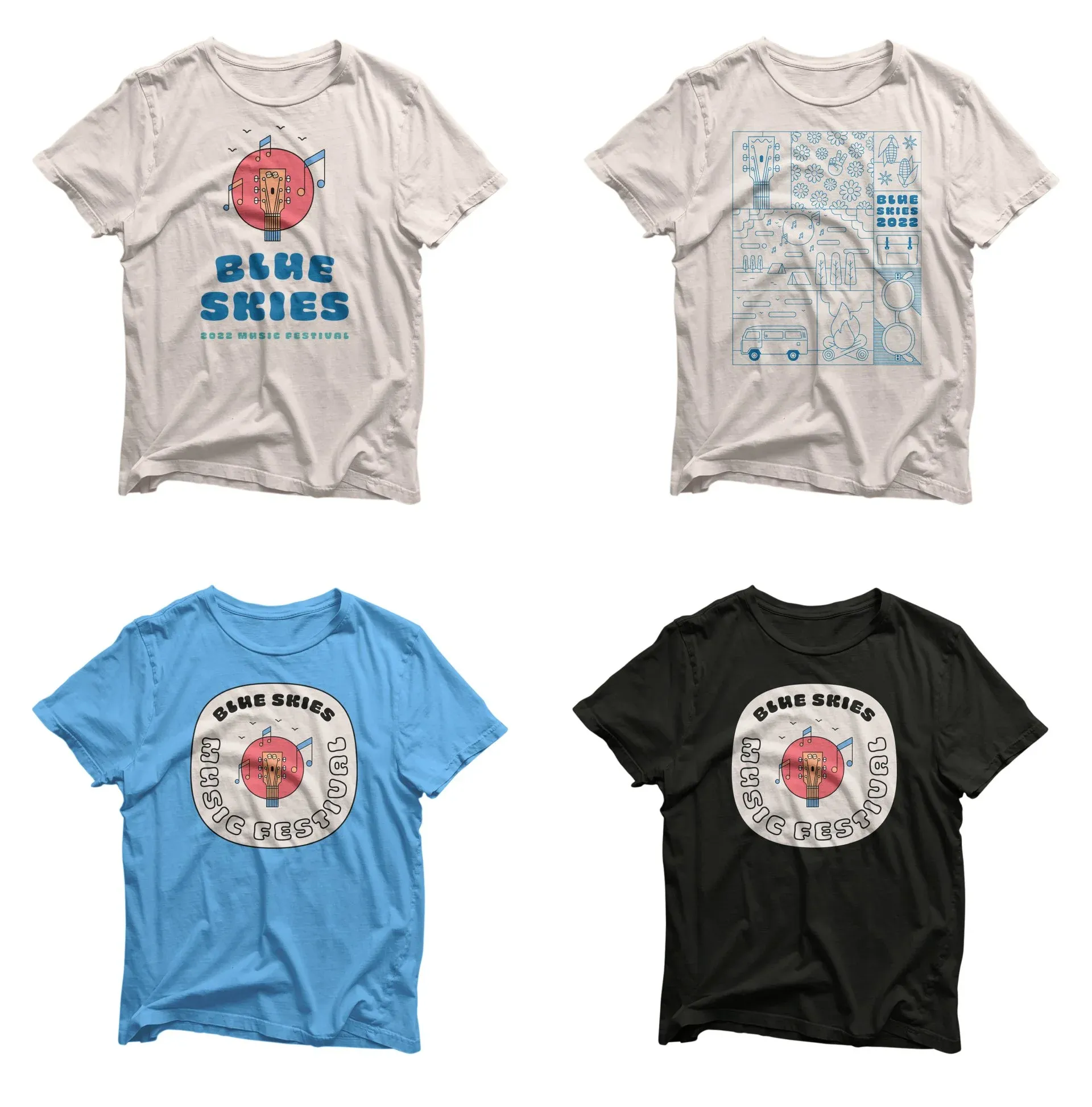 Four Blue Skies 2022 festival T-shirts in white, light blue, and black
