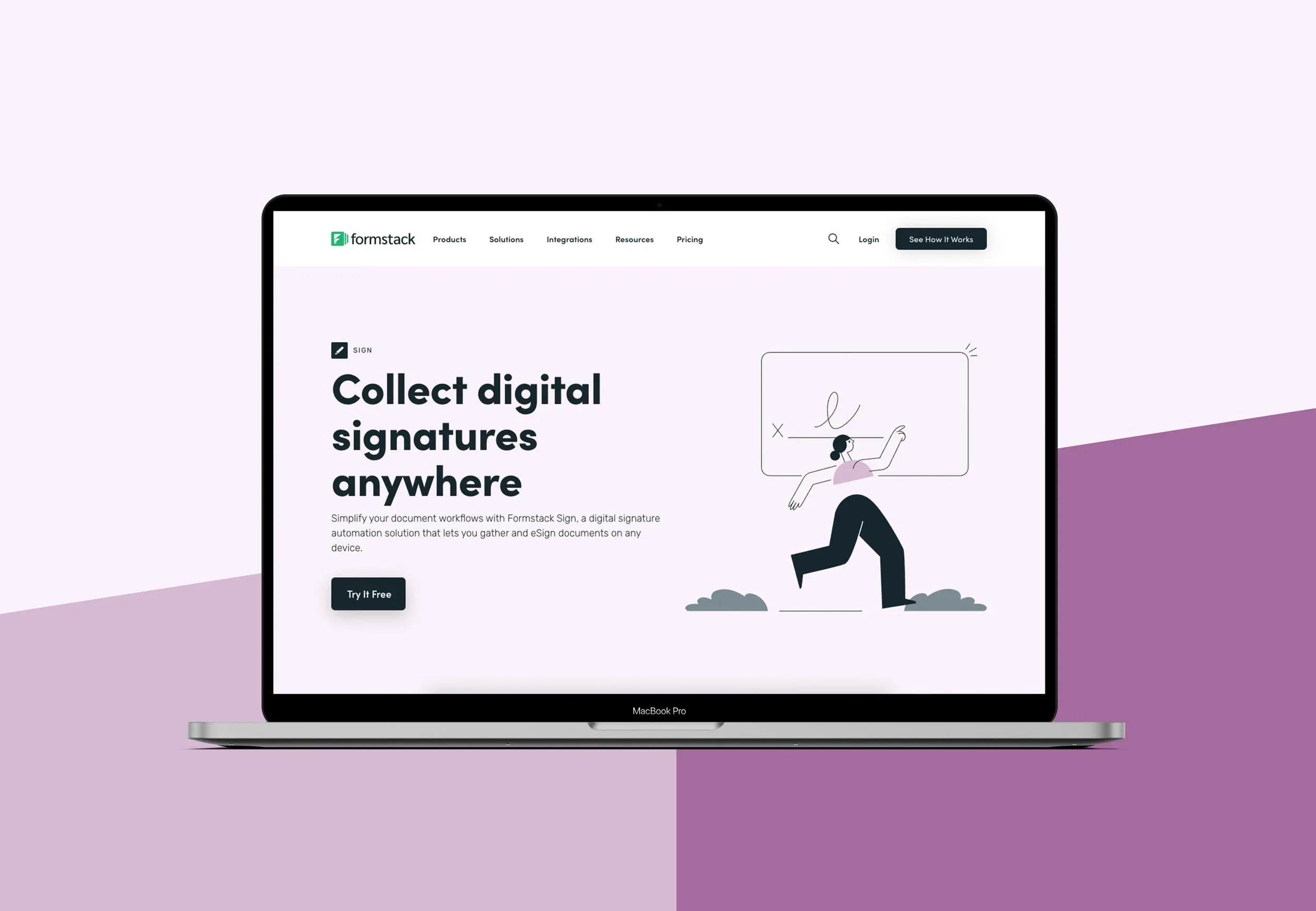Formstack Sign product page on a laptop: “Collect digital signatures anywhere”