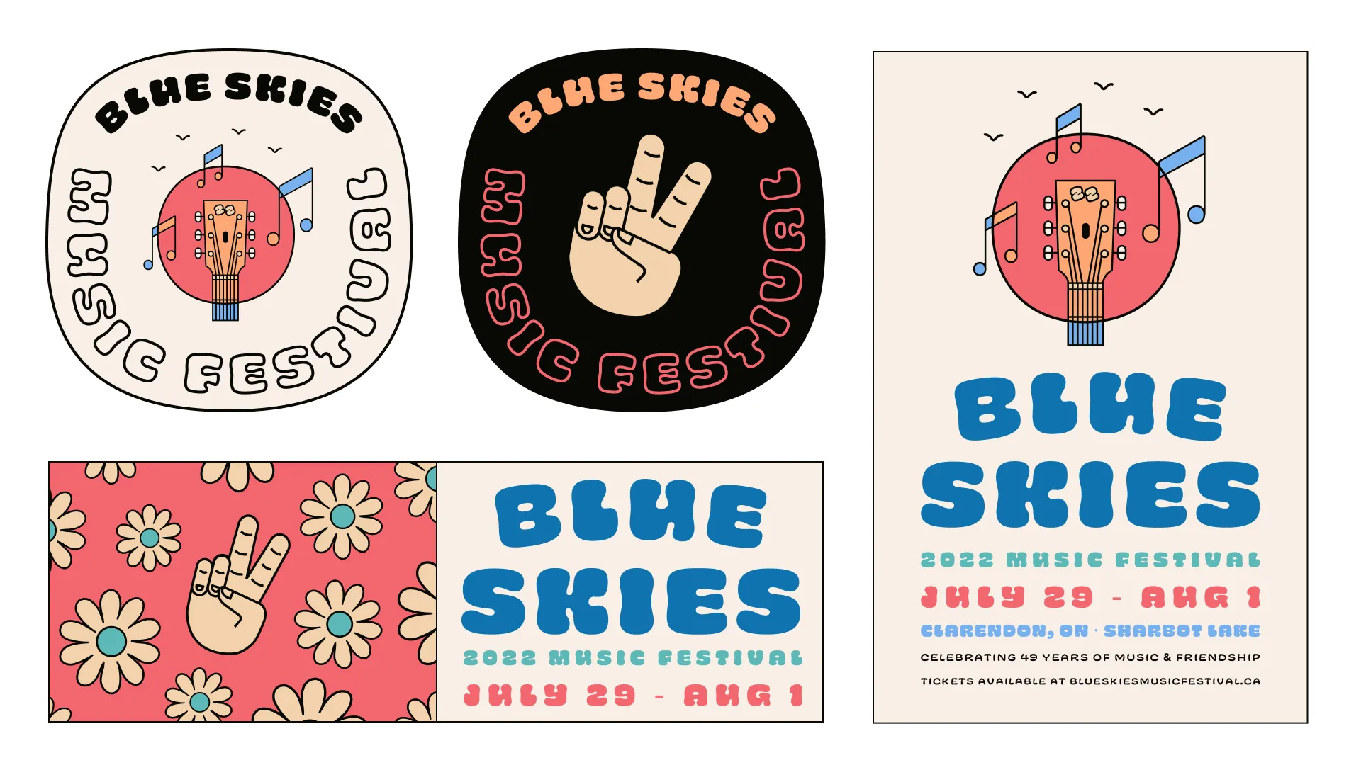 Blue Skies badges, a flower banner, and the event poster layout