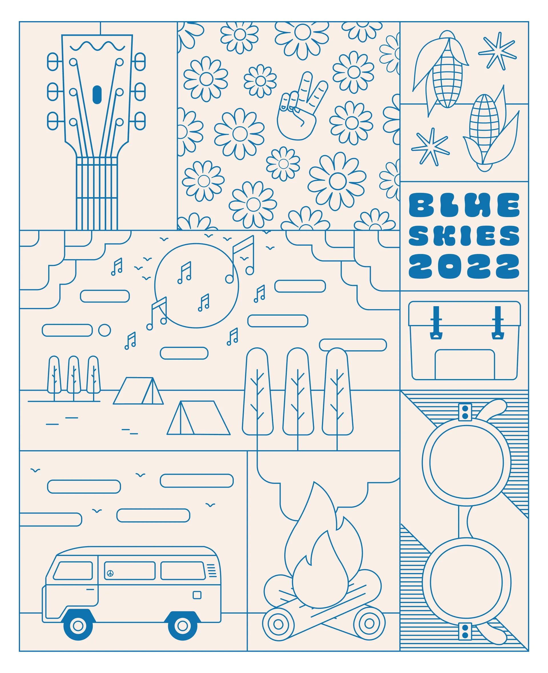 Line-art version of the Blue Skies 2022 illustration grid in blue