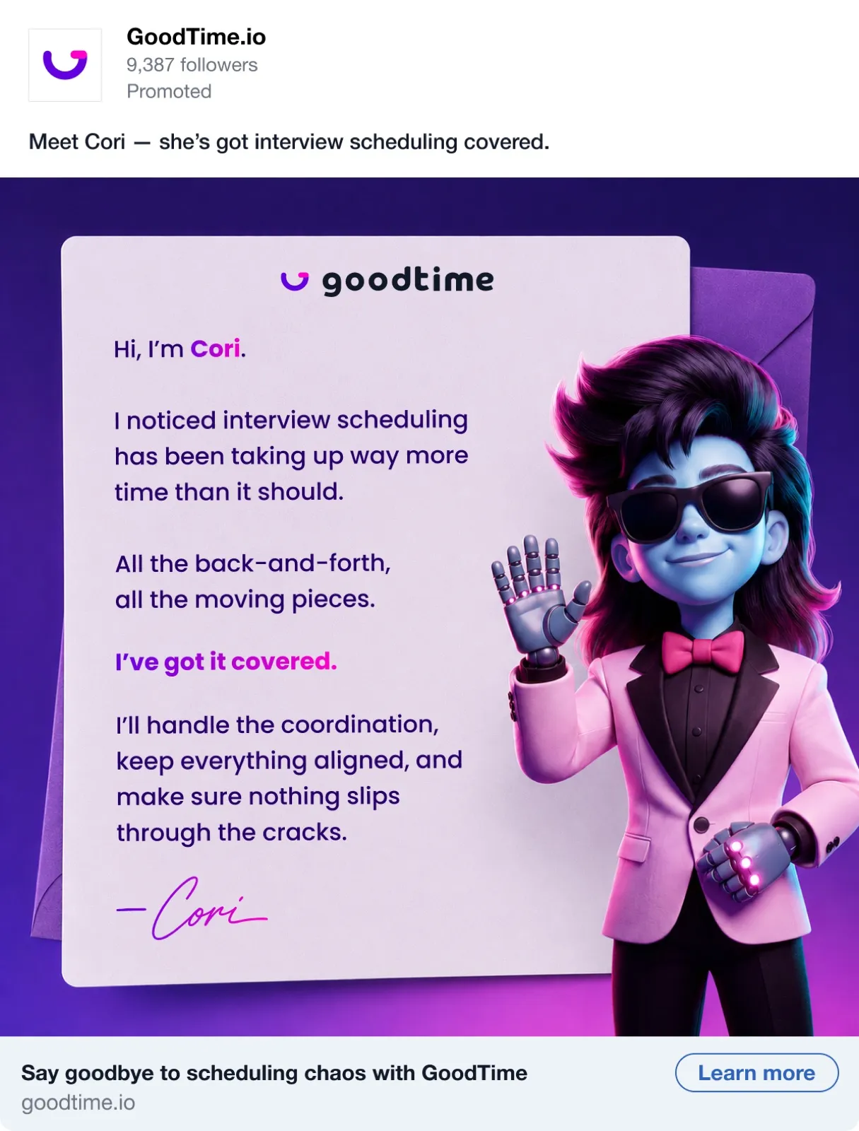 LinkedIn ad: a note from Cori, “I’ve got it covered”