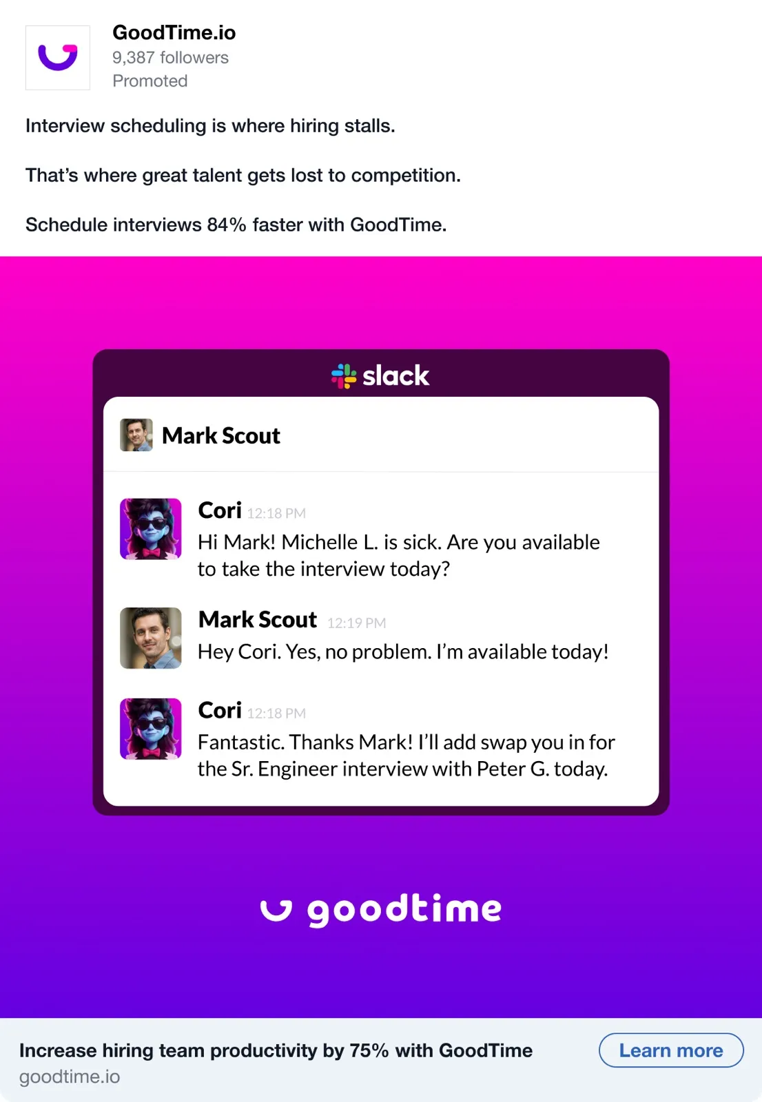 LinkedIn ad: Cori swapping in an interviewer over Slack
