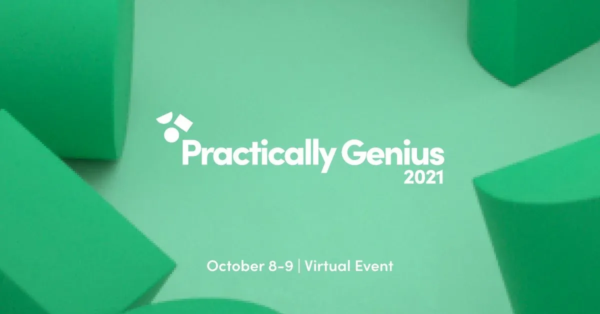 Social graphic: the Practically Genius logo over soft green shapes