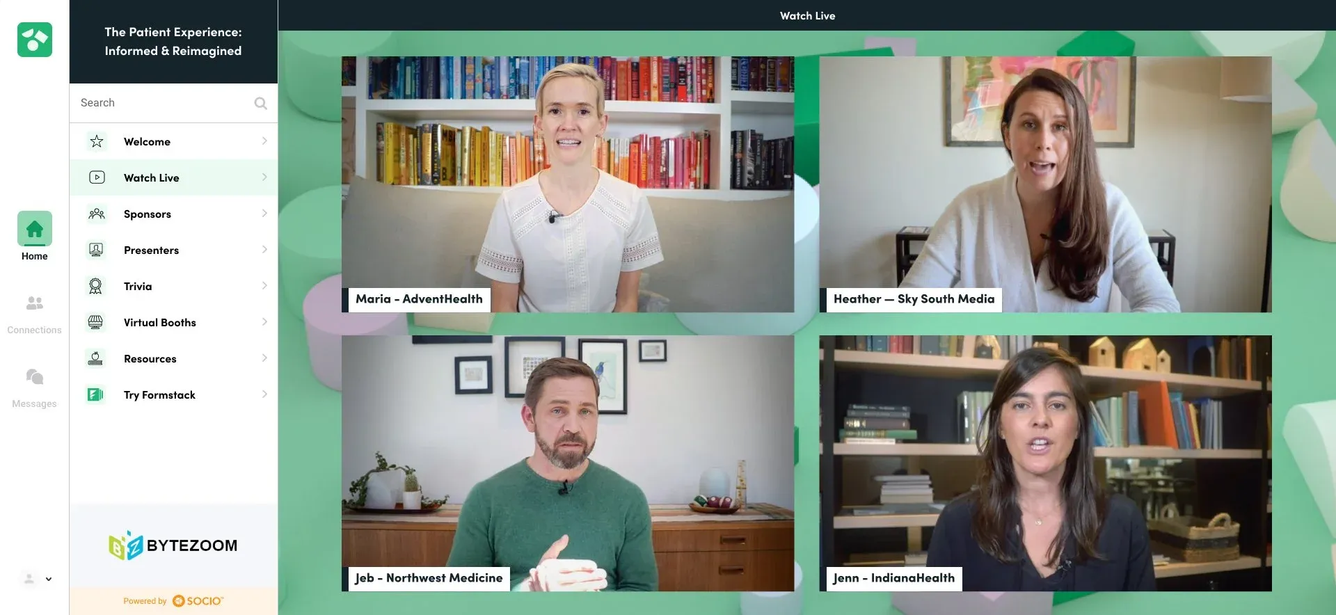 Virtual event platform mockup with a four-speaker panel
