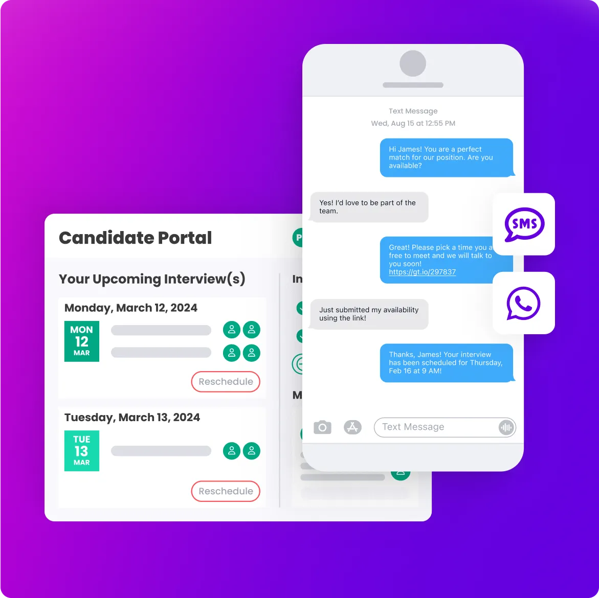 Candidate portal and text messaging screens on a gradient