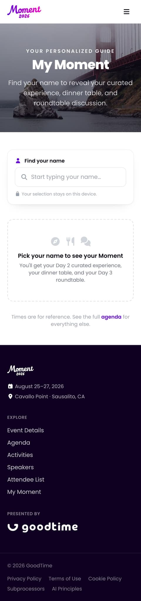 My Moment: look up your curated experience, dinner table, and roundtable